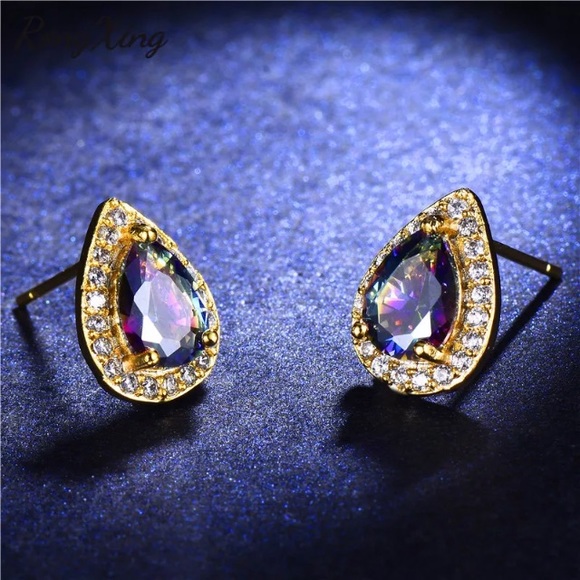 Yellow Gold Mystic Topaz Pear Halo Stud Earrings - Picture 4 of 4